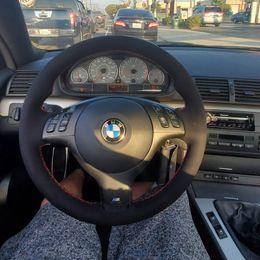 DIY All Black Suede Red Thread Hand Sew Wrap Steering Wheel Cover for BMW E46 E39 330i 540i 525i 530i 330Ci M3 2001-03273Q