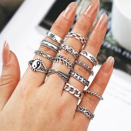 S2755 Fashion Jewellery Knuckle Ring Set Retro Silver Relief Elephant Chain Geometric Stacking Rings Midi Rings Sets 14pcs/set