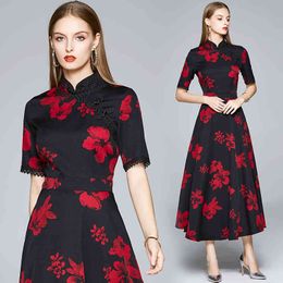 Vintage Floral Print Cheongsam Women Mandarin Collar Short Sleeve Frog Big Swing Elegant Long Dress Qipao Robe Vestidos 210416