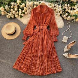 Neploe Vintage Pleated Dress Women High Waist Hip A Line Long Vestidos Mujer Bandage Slim Polka Dot Slim Dresses Spring Robe 210422