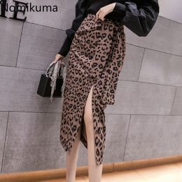 Nomikuma Autumn Winter Korean Chic Split Leopard Printed Skirt Mid Length High Waist Skirts Women Strap Lace Up Faldas 3d411 210514