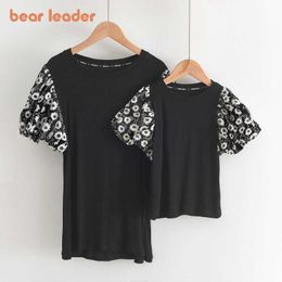 Bear Leader Family Matching Outfits Summer Girls Baby Flowers T-Shirts Mother And Daughter Puff Sleeve Korean Clothing 210708