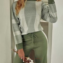 Green Colour block stripes two piece sweater set Causal soft lace up pullover pant Elegant autumn fashion tracksuits 211116