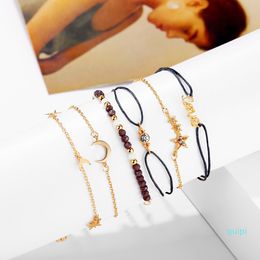 Love Star Moon Charms Bracelets Sets 6PCS Multilayer Beads Rope Bracelets Bangles Vintage Jewellery for Wedding Beach Women Girls Bohemian