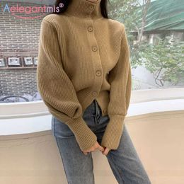 Aelegantmis Korea Style Chic Button Turtleneck Loose Sweater Women Winter Soft Warm Knitted Cardigan Female Vintage Jersey Mujer 210607