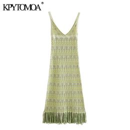 KPYTOMOA Women Chic Fashion With Tassel Knitted Midi Dress Vintage Backless Fringed Hem Straps Female Dresses Vestidos 210409