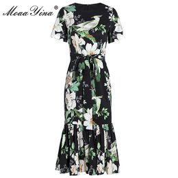 Fashion Designer dress Summer Women's Dress Short Sleeve Animal Plant Print lace-up Mermaid Dresses 210524