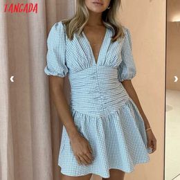 Tangada Fashion Women Blue Plaid Print Tunic Dress Short Sleeve V Neck Casual Ladies Mini Dress 8M26 210609