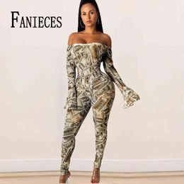 Women Off Shoulder Bodycon Long Sleeve Dollar Print Clubwear Playsuit Skinny Sexy Jumpsuits Femme Trousers nightclub Outfits 210520