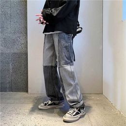 Korean Style Fashion Men's Denim Wide-leg Pants Autumn Loose Straight-leg Jeans Panelled Trousers Male 211108