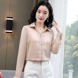 Korean Silk Women Shirts Satin White Woman Long Sleeve Blouses Top Plus Size Embroidery Lace Shirt 210604