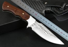 1Pcs New Straight Hunting Knife 3Cr13Mov Drop Point Satin+Laser Pattern Blade Full Tang Rosewood Handle Knives With Leather Sheath