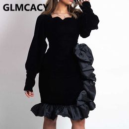 Women Long Sleeve Classy Ruffles Bodycon Dress Slim Evening Party Elegant Dresses 210702