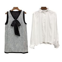 Black Plaid Tweed Chiffon Shirt Bow Collar Long Sleeve Elegant Short Mini Pleated Dress Button Autumn Two Pieces D1364 210514