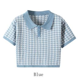 Korean Summer Women Polo Collar Short Sleeve T-Shirts Sweet Houndstooth Oversized Polo Shirt Cotton Knitted Top Y0629