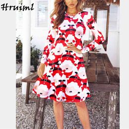 Christmas Dresses for Women Fashion Print Autumn Winter Long Sleeve O Neck Midi Ladies Dress Plus Size Vestido De Mujer 210513