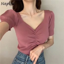 Short Puff Sleeve T-shirt Women Summer Vintage Thin V-neck Slim Knitted T Shirts Tops Korean Solid Pullover Tees 1F225 210422