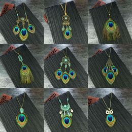 Trendy Women Bohemian Ethnic Long Chain Peacock Feather Pendant Dreamcatcher Necklace Choker Boho Clothing Jewellery Accessories G1206