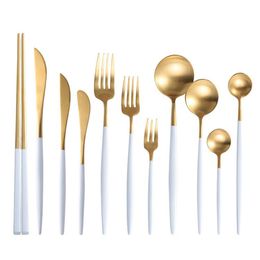 2021 NEW Wedding Spoon Fork Knife Cutlery Handle White Gold Silver 18 8 Stainless Steel Flatware Dinnerware Tableware