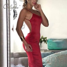 Summer Women Satin Slip Knee Length Red Party Sexy Bodycon Backless Silk Dress 210415