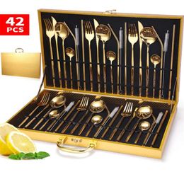 42PCS Tableware Set Gold Fork Spoon Knife Cutlery 18/10 Stainless Steel Dinner forks spoons knives Box Dropshiping 210928