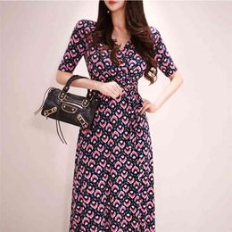 Summer Korean version of the ladies' temperament V-neck lace up waist split print dress women 210416