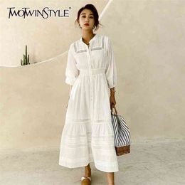 White Elegant Dress For Women Stand Collar Long Sleeve High Waist Patchwork Lace Midi Dresses Female Summer Fashion 210520