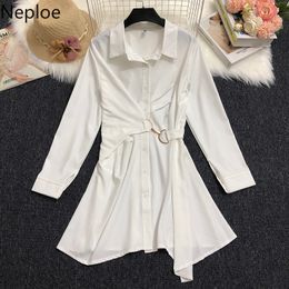 Neploe Chic Turn Down Collar Elegant Shirt Dress Women Spring Fashion Temperament Irregular Mini Dresses Slim Waist Vestidos 210422