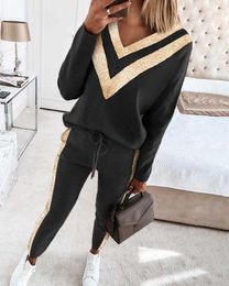 Spring Autumn women set 2 piece outfits suit V-neck bead patchwork black tracksuit long sleeve tops and pants casual sport suits Y0625