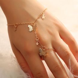 Charm Bracelets Design Gold Colour Star Butterfly Bracelet For Women Fashion Connected Finger On Hand Female Ring Boho Jewellery Gift