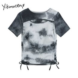 Yitimuceng Tie Dye T Shirts Woman Hollow Lace Up Tees Skinny O-Neck Tops Harajuku Clothes Summer Korean Fashion Tshirts 210601