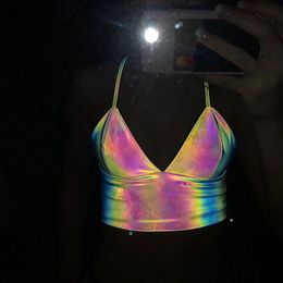 Women's Tanks & Camis Simenual V Neck Sexy Holographic Bralette Crop Top Strap Reflective Fashion Summer 2022 Sleeveless Backless Tank Tops