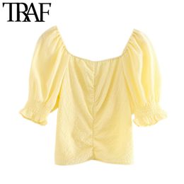 TRAF Women Sweet Fashion Pleated Cropped Blouses Vintage Lantern Sleeve Back Elastic Female Shirts Blusas Chic Tops 210415