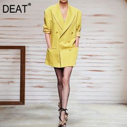 DEAT Women Yellow Pockets Double Breasted High Waist Dress New Notched Long Sleeve Loose Fit Fashion Tide Summer 7E1787 210428