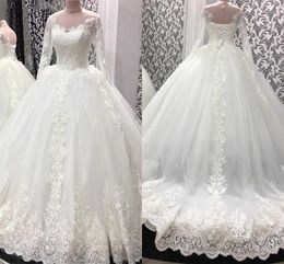 Long Sleeves Wedding Dresses Bridal Ball Gown 2021 Lace Applique Sweep Train Corset Back Scoop Neck Custom Made vestidos de novia