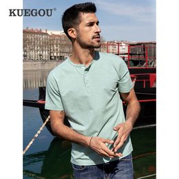 KUEGOU Cotton Spandex Extend Summer Mens T-shirt Short Sleeve Solid Colour Tshirt Green Top&Tee Henry collar Plus Size ZT-90083 210524