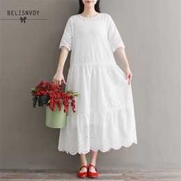 Spring Summer Dresses Women Half Sleeve White Long Dress Crochet Lace Embroidery Cotton Mori Girl Elegant Party Vestido Longo 210520