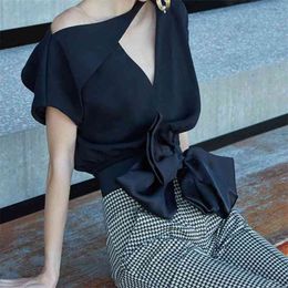 Runway Designer Women Skirts Suit Summer Sexy Black Bowknot Hollow Out Shirt Tops + Plaid Bodycon Pencil Set 210519