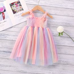 Baby Girl Dress Rainbow Crumpled Mesh Suspender Princess Dresses Party Sleeveless Tulle Skirt Summer Boutique Baby Clothing BT6507