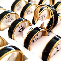 30pcs High Polished Quality Black Enamel 6mm Stainless Steel Gold Band Wedding Rings for Men & Women Elegant Classic Jewellery