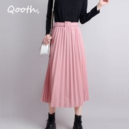 Qooth Chic Winter Autumn Cotton Blend Women Elegant Pleated Skirt Belt Elastic High Waist Calf Length Long Bottoms QT158 210518