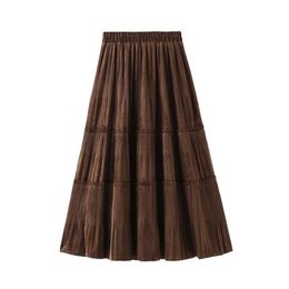 Preppy Style Women Skirts Winter In Golden Velvet Patchwork Ruffles Ruched Elastic Waist A Linen Drape Long 210621