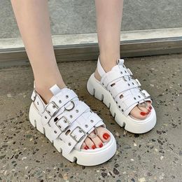 Sandals Street Style Punk 2021 Summer Shoes Woman Flat Platform Women Soft Leather Casual Open Toe Gladiator Wedges