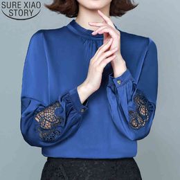 Satin Solid Pullover Shirt Elegant Hollow Blouse Autumn Office Lady Lantern Long Sleeve Women Tops 11088 210417