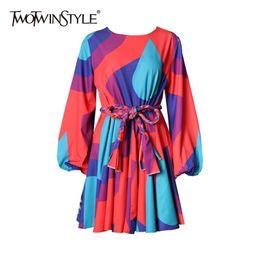 Spring Hit Color Dress For Women O Neck Long Sleeve Lace Up Print Dresses Female Fashion Clothing Style 210520