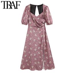 TRAF Women Chic Fashion Animal Print Pleated Midi Dress Vintage V Neck Puff Sleeve Split Female Dresses Vestidos Mujer 210415