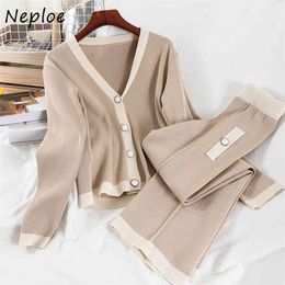 Neploe Hit Color Patchwork Loose Knit 2 Pcs Women Set V Neck Long Sleeve Cardigans Sweater + High Waist Hip Wide Leg Pants Suits 210423