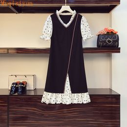 Summer Black Dress For Women Chiffon Pleated V-neck Cute Heart Print Patchwork Short Sleeve Loose Casual Ruffle Dresses 210428