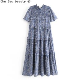 Holiday Style Loose Casual Pullover Cake Layer Dress Vintage Positioning Printing Elastic Lace-up Women Boho 210514