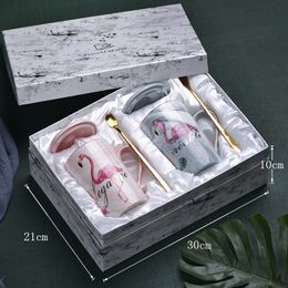 Simple Flamingo Couple Ceramic Gift Box Set Custom Marble Mark Cup Couple Cupwith Lid and Spoon